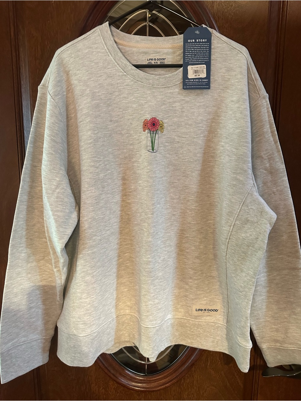 Life Is Good Light Gray Crewneck with Embroidered Floral Vase